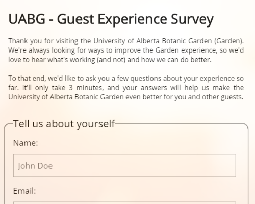 Survey page on experience at the University of Alberta Botanic Garden