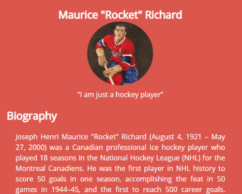 Tribute page on Maurice 'Rocket' Richard